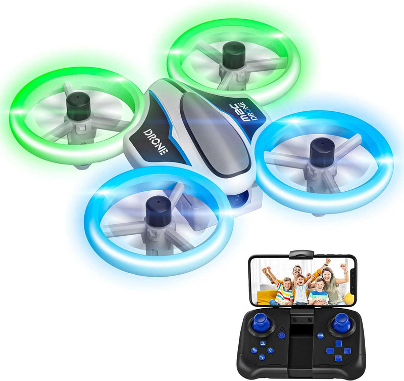 Mini RC quadcopter drone with three LED rings, and handheld remote controller