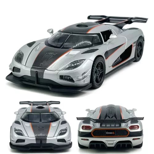 1:32 Koenigsegg One:1 diecast toy car, silver with orange accents, multi-angle