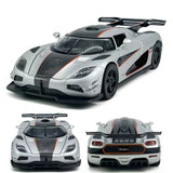 1:32 Koenigsegg One:1 diecast toy car, silver with orange accents, multi-angle