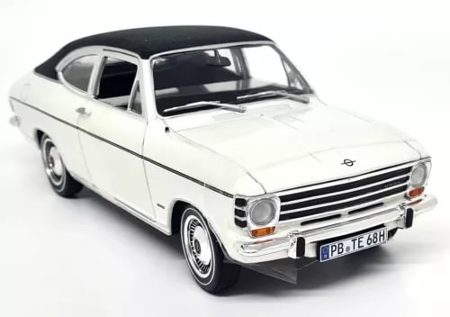White diecast scale model car, Opel Olympia A coupe, front three-quarter view