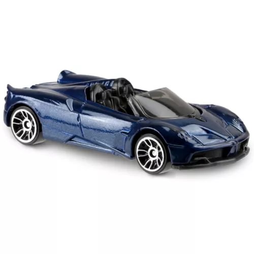 Blue diecast toy roadster car with black hood and silver wheels