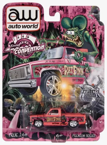 Silver and red diecast pickup truck toy with Rat Fink graphics in retail packaging