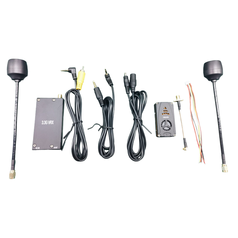 FPV video transmitter and receiver kit with two antennas, module, and cable set