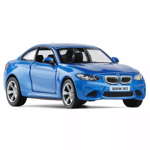 Blue BMW M2 diecast model car, front 3/4 view with detailed headlights