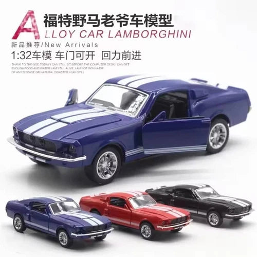 1:32 blue alloy diecast pull-back Mustang GT classic car model, front 3/4 view