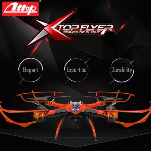 Orange and blue quadcopter drone with front camera and four propellers