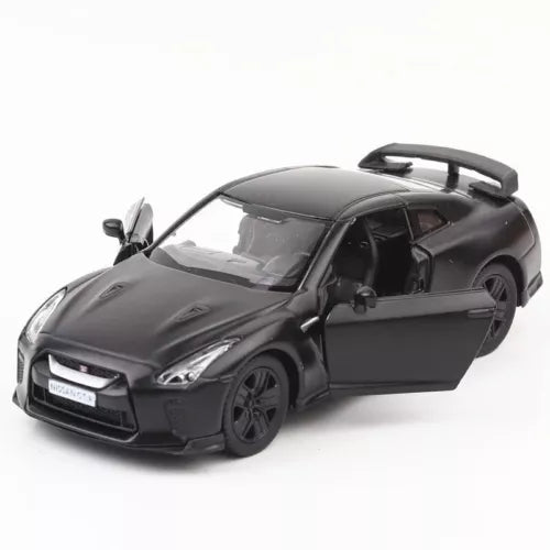 Metal diecast pull-back toy car, Nissan GTR style, dark gray coupe with black wheels