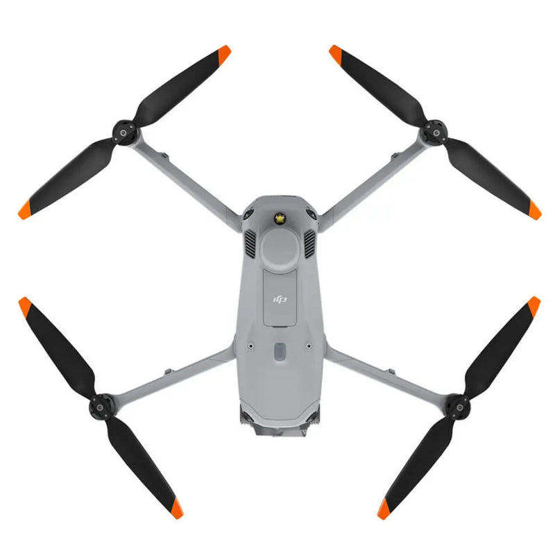 Gray quadcopter drone with six propellers, foldable arms, and front camera module