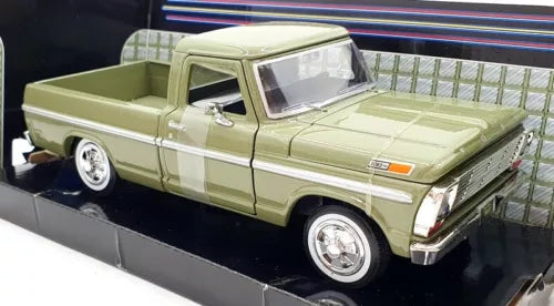 Diecast 1969 Ford F-100 pickup truck, green, front three-quarter view