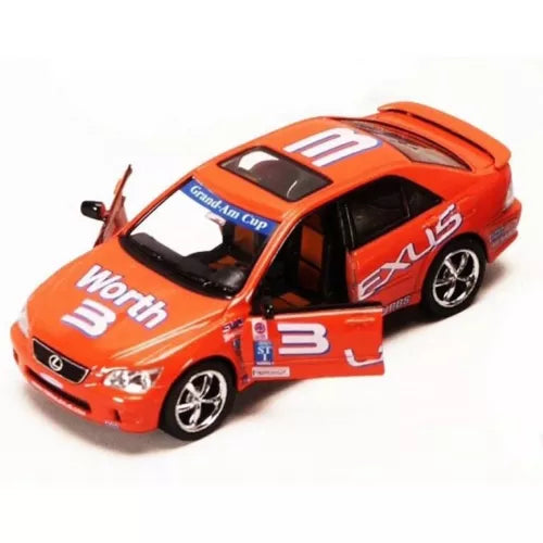Orange Lexus IS300 diecast sedan toy car, 1:36 scale, detailed racing decals