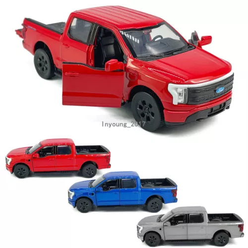 Red diecast pickup truck model car with open driver door, plus blue and gray versions