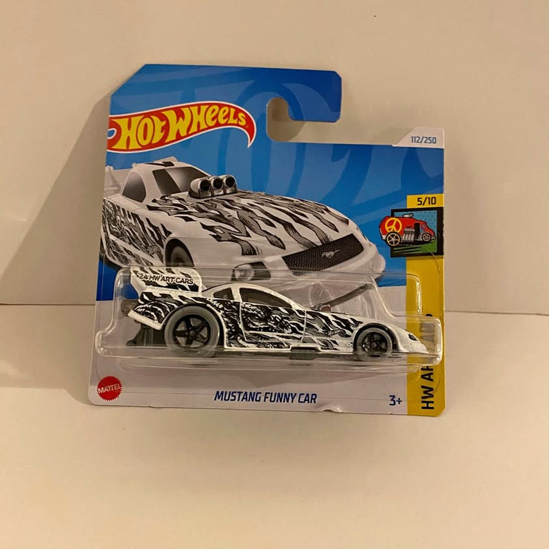 Hot Wheels Mustang Funny Car diecast car in white-and-black blister card