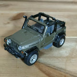 Khaki green diecast toy Jeep Wrangler Rubicon 4x4, front 3/4, 1:36 scale