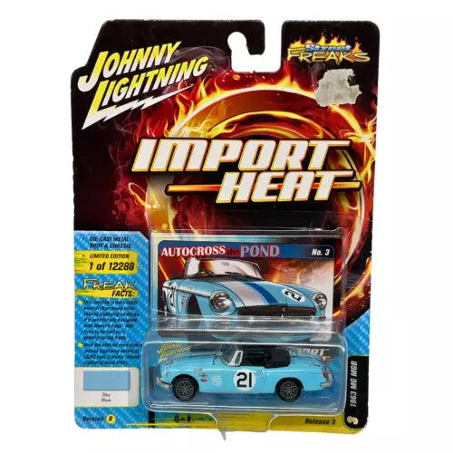 Johnny Lightning Import Heat 1:64 diecast car in blister packaging, blue and white.