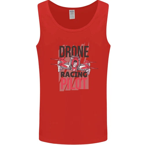 Men's red tank top with drone racing pilot graphic