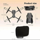 Black quadcopter drone with camera, shown with folded propellers and compact carrying case