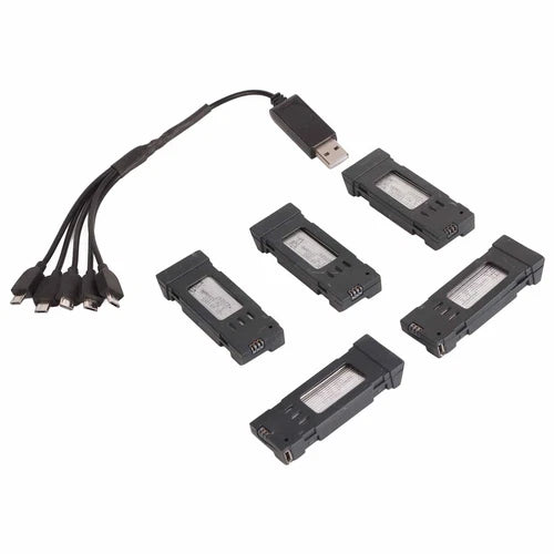 Portable drone battery charger set with five battery packs and USB cable