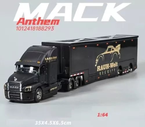 1:64 black diecast Mack delivery truck model with box trailer, branding and RWB accents
