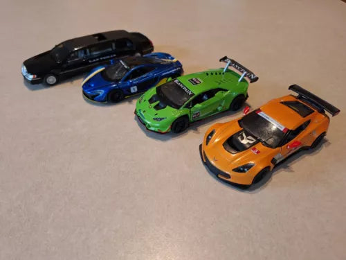 Colorful 1:36–1:38 scale diecast toy cars, 4-piece lineup in black, blue, green, orange