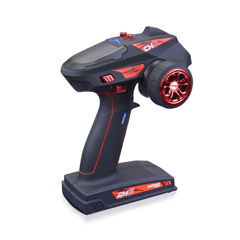 RC remote transmitter in dark blue and black with red accents, CH6