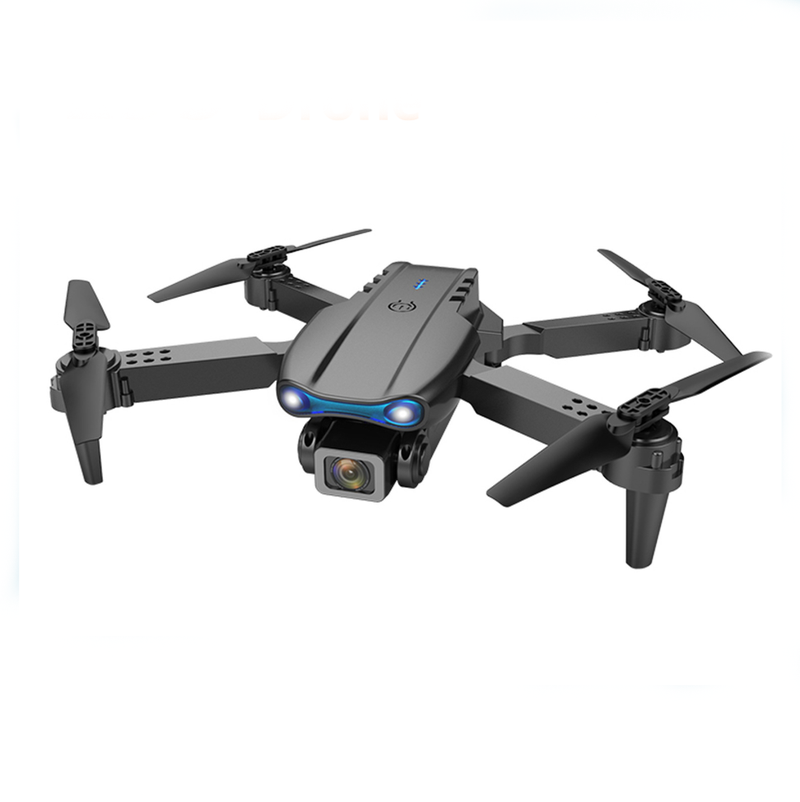 Foldable mini quadcopter drone with front camera and blue status light