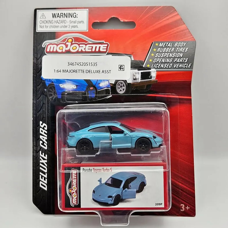 Blue die-cast toy car (Porsche Taycan Turbo S) in blister packaging