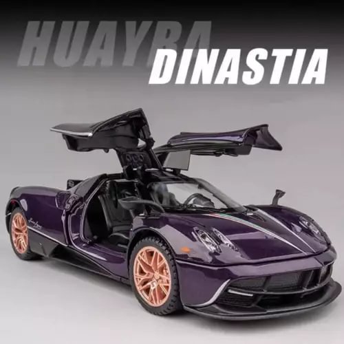 Purple and black 1:32 scale diecast model car with open scissor doors