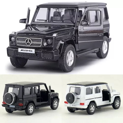 Metal diecast pull-back SUV toy car, black G63-style with AMG grille and front bumper detail