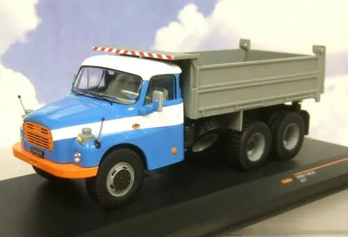 Diecast tipper truck model with blue cab and grey tipping bed, front grille visible