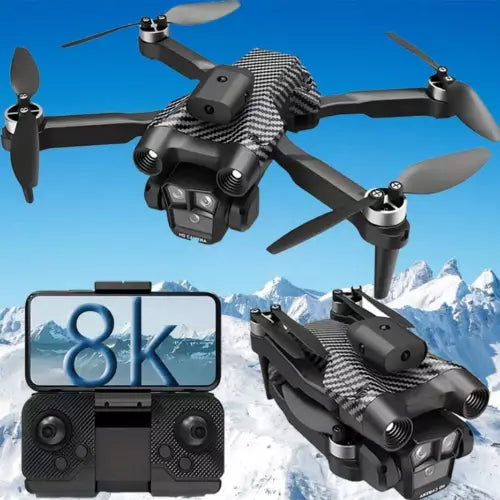 Black quadcopter drone with dual cameras and propellers; screen shows 8K.