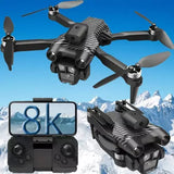 Black quadcopter drone with dual cameras and propellers; screen shows 8K.