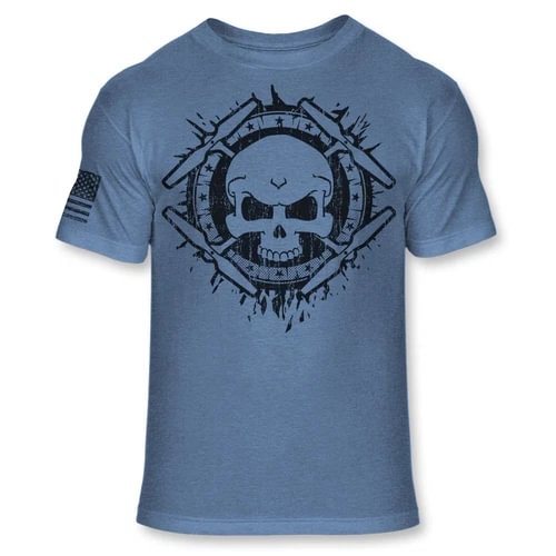 Blue crewneck T-shirt with black skull drone pilot graphic on chest