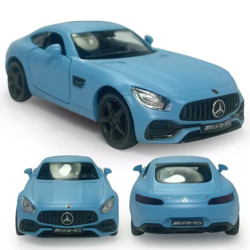 Matte blue 1/36 diecast toy car with AMG styling, multiple angles
