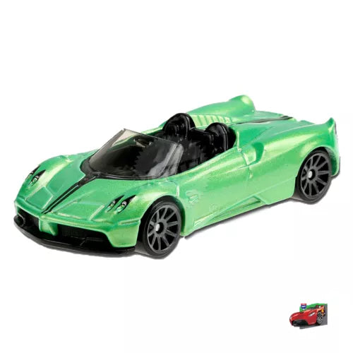Hot Wheels diecast toy car, green roadster with black wheels, 1:64 scale
