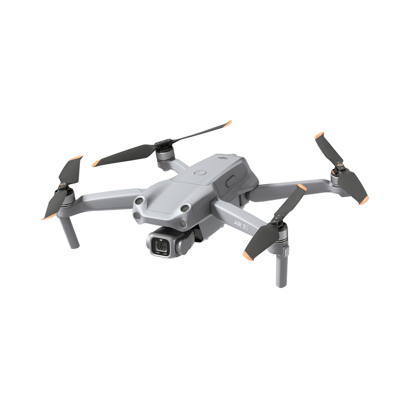 Gray quadcopter drone with four blade rotors and front camera module