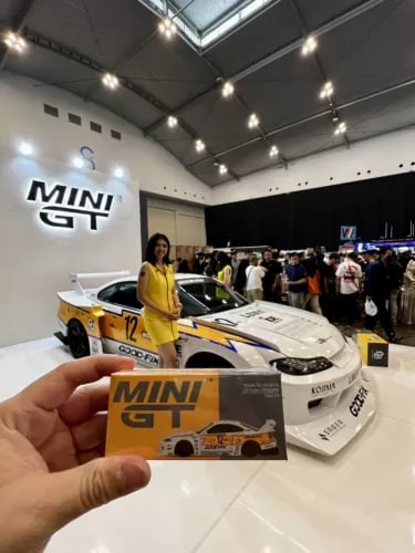 MINI GT diecast car display box with printed S15-style race car graphic