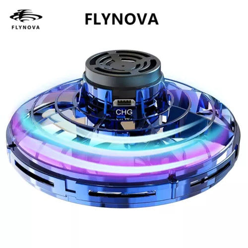 Flying Nova mini UFO drone with blue purple glowing ring and black top