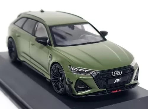 Olive green Audi RS6-R ABT diecast model car, front 3/4 view with detailed grille