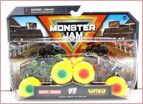 Monster Jam diecast monster trucks in blister pack, Grave Digger and MAX-D