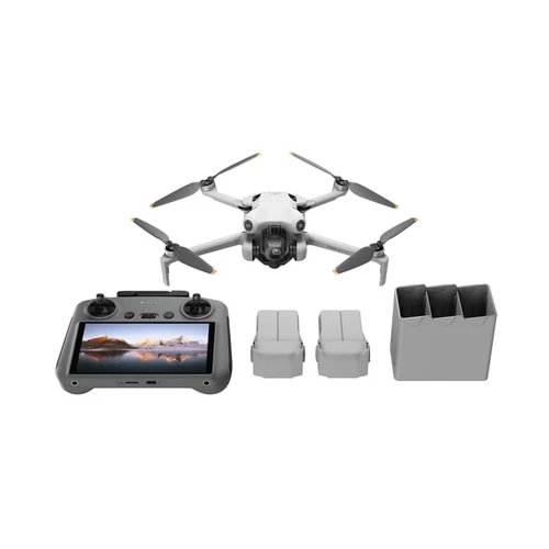 Compact camera drone with remote controller, three spare batteries, and charging case