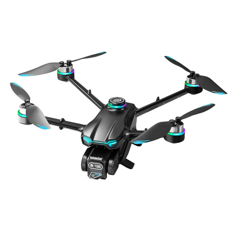 Mini quadcopter drone with 4 propellers, black body with blue LED accents.