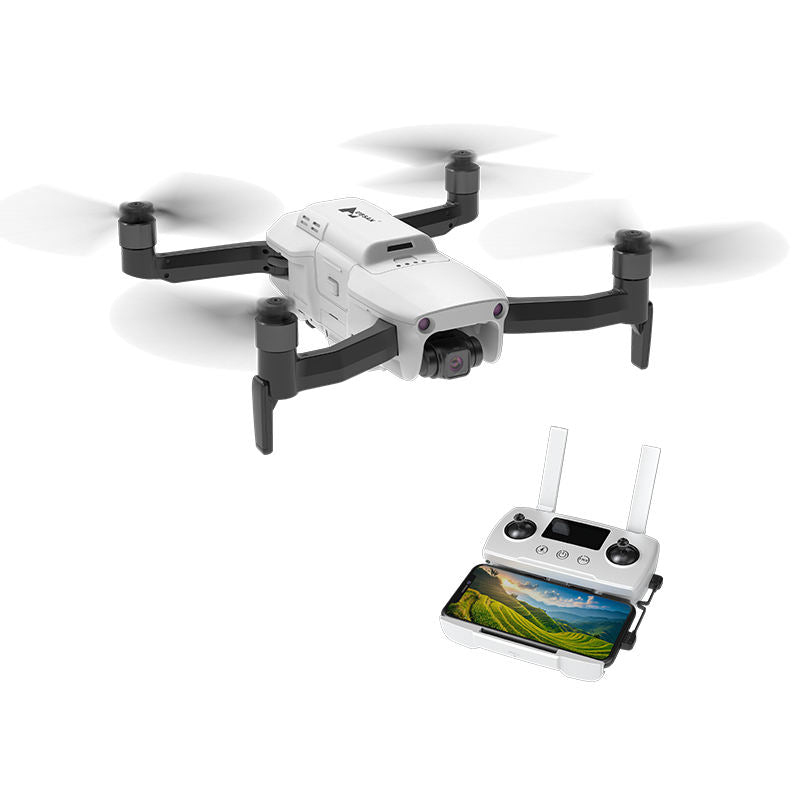 White quadcopter RC drone with camera and black remote controller display