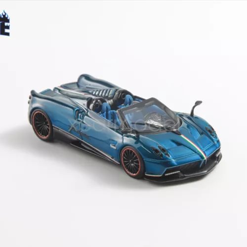 1:64 scale flame blue convertible sports car model, black wheels and aero details