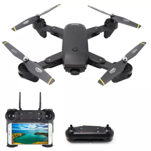 Folding quadcopter drone with dual cameras, black, and remote controller with screen