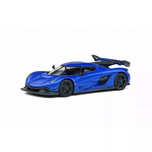 Blue diecast mini sports car with black wheels and rear wing, side view