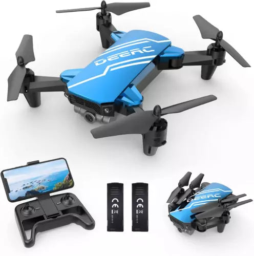 Blue mini quadcopter drone with camera, four rotors and remote controller with phone mount