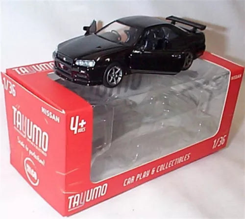 Black Nissan GT-R34 V Spec 11 diecast car with pull-back in retail box