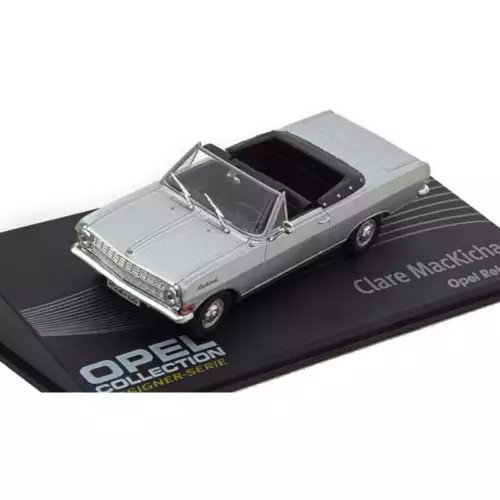 Gray Opel Rekord A diecast model car with open top, on display base.
