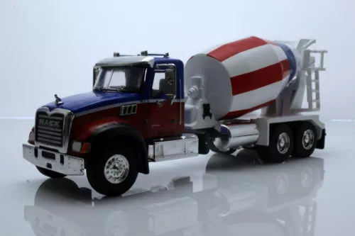 1:64 scale cement mixer truck diecast, red cab and white mixer drum, blue accents