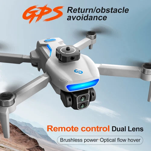 White quadcopter drone with front dual-lens camera and obstacle avoidance sensors